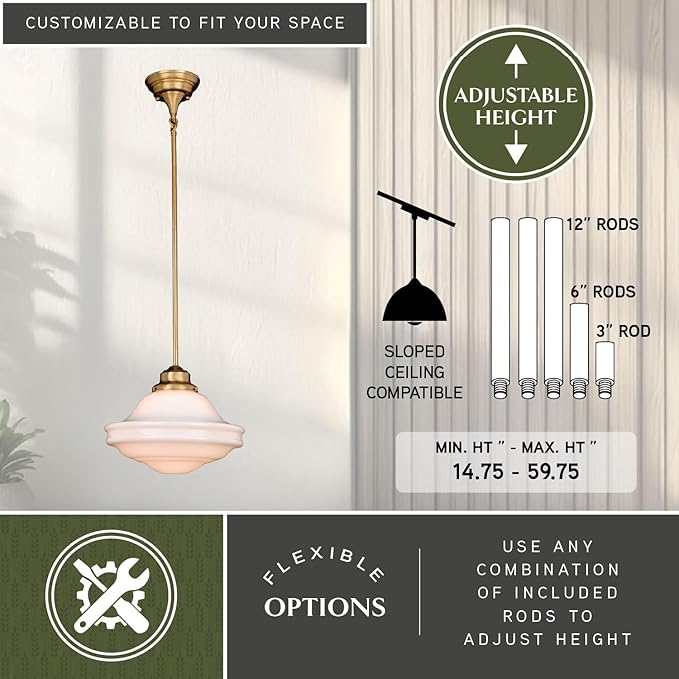 VAXCEL Huntley 12 inch Adjustable Semi-Flush Ceiling Pendant Light, Farmhouse Schoolhouse Style, Natural Brass Finish, White Milk Glass, Dimmable E26 Bulb Compatible, Damp Rated