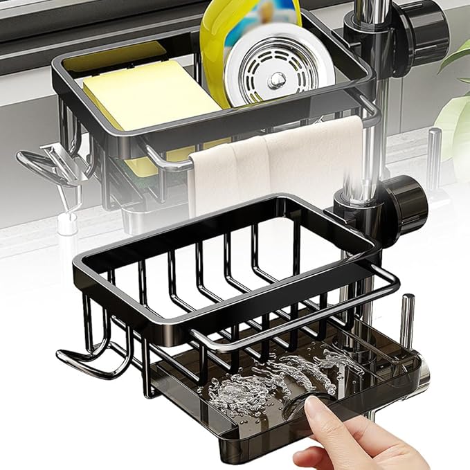Kitchen Sink Faucet Organizer, 2024 Upgraded Dish Sponge Holder Over Faucet Kitchen Sink Caddy Organizer with Hook for Bathroom, Scrubbers, Soap, Work With 0.7-1.1inch Round Water Pipe (Black, Left)