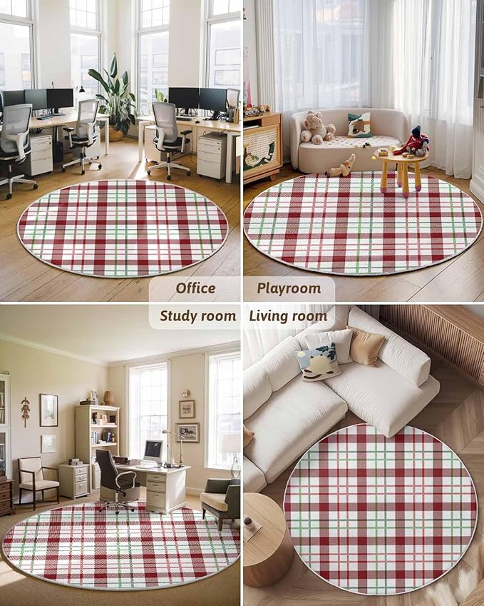 Round Area Rug,Merry Christmas Red Buffalo Plaid Circle Living Room Rug Non-Slip Rugs Indoor Carpet,Green Gradient Stripe Art Soft Comfort Rugs for Bedroom KidsRoom Nursery