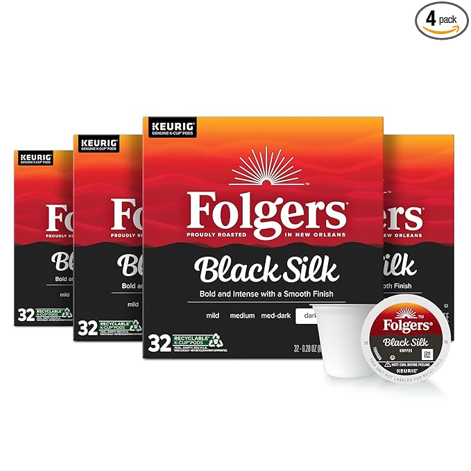 Folgers Black Silk, Dark Roast Coffee, Keurig K-Cup Pods, 32 Count Boxes (Pack of 4)