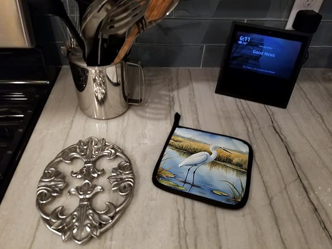 Caroline's Treasures Snowy Egret in Coastal Marshes Pair of Pot Holders Kitchen Heat Resistant Pot Holders Sets Oven Hot Pads for Cooking Baking BBQ, 7 1/2 x 7 1/2