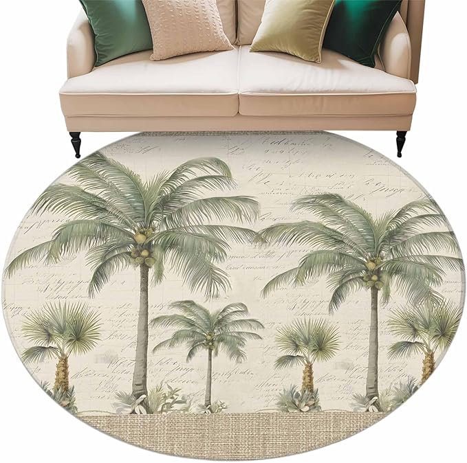 Washable Round Area Rug Coastal Tropical Olive Green Palm Trees Circle Rugs Floor Carpet for Living Room Bedroom, Classic Retro Linen Soft Non Slip Round Rug 5ft