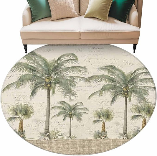 Washable Round Area Rug Coastal Tropical Olive Green Palm Trees Circle Rugs Floor Carpet for Living Room Bedroom, Classic Retro Linen Soft Non Slip Round Rug 5ft