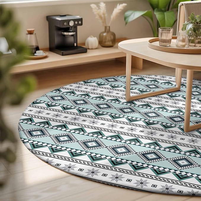 Washable Round Area Rug Boho Diamond Pattern Circle Rugs Floor Carpet for Living Room Bedroom, Ethnic Style Blue Strips Soft Non Slip Round Rug 3ft