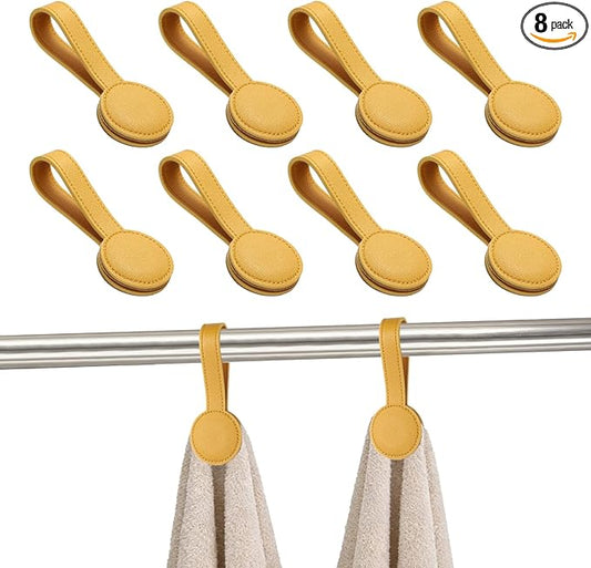 uxcell 8 Pcs Kitchen Magnetic Towel Clips, Leather Towel Holder Clip Multi-Purpose Hand Hooks Kitchen Accessories for Oven Handles Bars Racks, Yellow