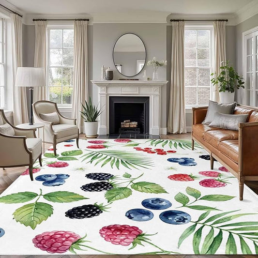 Area Rug 8x10ft, Farm Fruit Berry Cherry Blueberry Washable Rugs for Living Room Bedroom, Watercolor Mulberry Leaves Soft Non-Slip Area Rugs Rectangle Floor Carpet for Dining Room