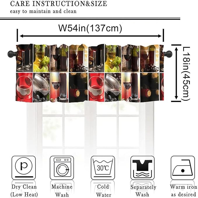 Red Wine Kitchen Valance, Modern Wine Bottle Glass Grape Print Short Window Drapes for Kitchen Dining Resturant Party Bedroom Living Room, 54x18Inch