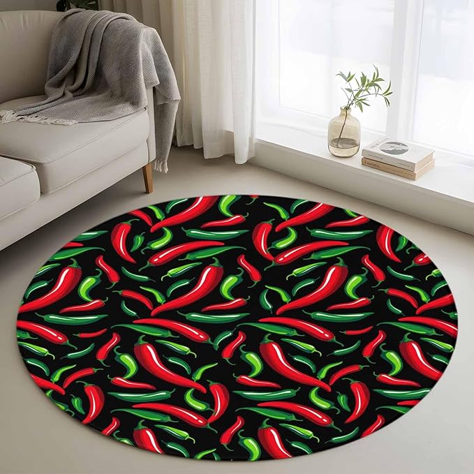 Washable Round Area Rug Spicy Chili Pepper Pattern Circle Rugs Floor Carpet for Living Room Bedroom, Red Green Peppers on Black Soft Non Slip Round Rug 3ft