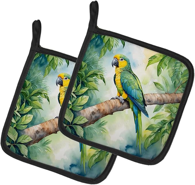 Caroline's Treasures Yellownaped Amazon Parrot Pair of Pot Holders Kitchen Heat Resistant Pot Holders Sets Oven Hot Pads for Cooking Baking BBQ, 7 1/2 x 7 1/2