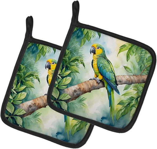 Caroline's Treasures Yellownaped Amazon Parrot Pair of Pot Holders Kitchen Heat Resistant Pot Holders Sets Oven Hot Pads for Cooking Baking BBQ, 7 1/2 x 7 1/2