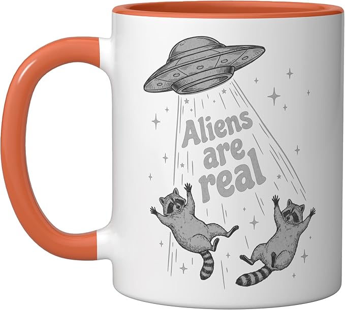 Aliens Are Real UFO Raccoon Abduction Ironic Meme Ceramic Mug, Orange/White