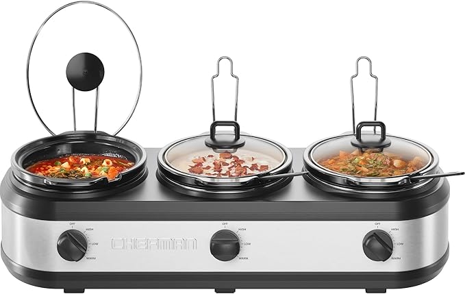 Chefman Triple Slow Cooker & Food Warmer, Three Crock Slowcooker with 2.5 Qt. Ceramic Crocks, 7.5-Quart Total Capacity, PFAS-Free, Three Temperature Settings, Dishwasher-Safe Parts – Stainless Steel
