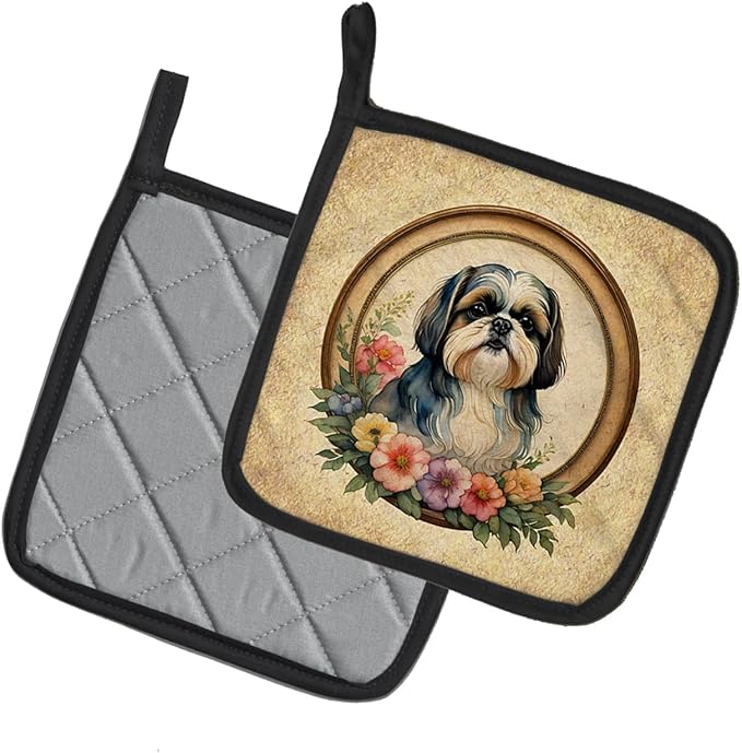 Caroline's Treasures Shih Tzu and Flowers Pair of Pot Holders Kitchen Heat Resistant Pot Holders Sets Oven Hot Pads for Cooking Baking BBQ, 7 1/2 x 7 1/2