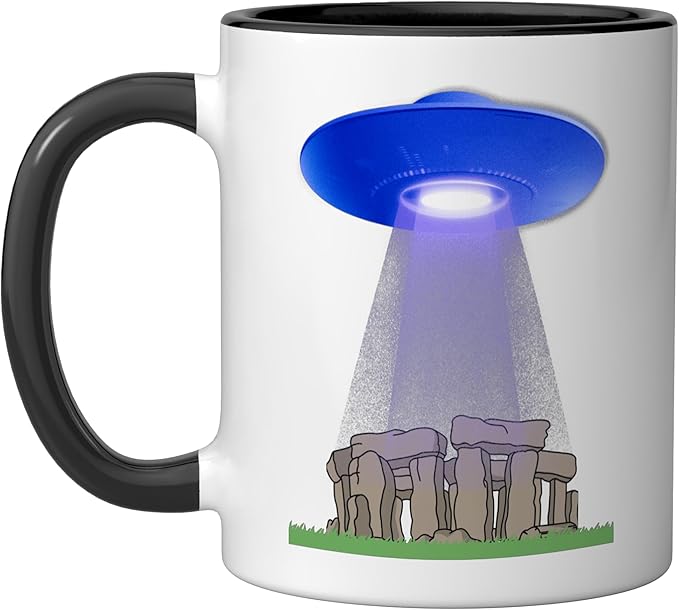 Funny UFO Stonehenge mystery stone circle flying saucer Ceramic Mug, Black/White