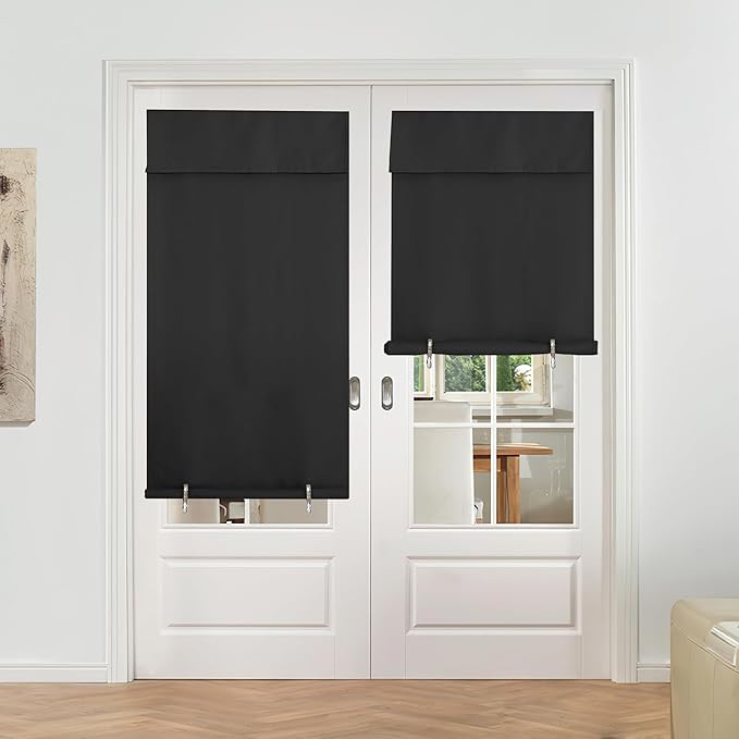 NICETOWN No Drill Blackout Door Curtain Panel - Patio Curtain for Sliding Closet Door Shade Thermal Insulated Self Sticky Blinds for Indoor Windows, 36" Wide x 72" Length, Black, 1 Piece