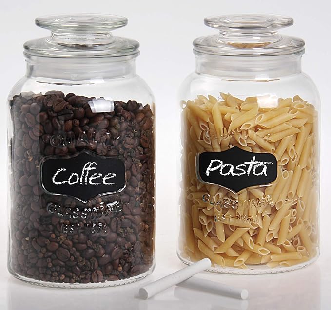Estilo Round Glass Canister Jars with Airtight Lids Ideal for Cookies, Candies, Cereal - Cookie Jar - Includes Chalkboard Labels and Chalk - 1/2 Gallon (Set of 2), Clear