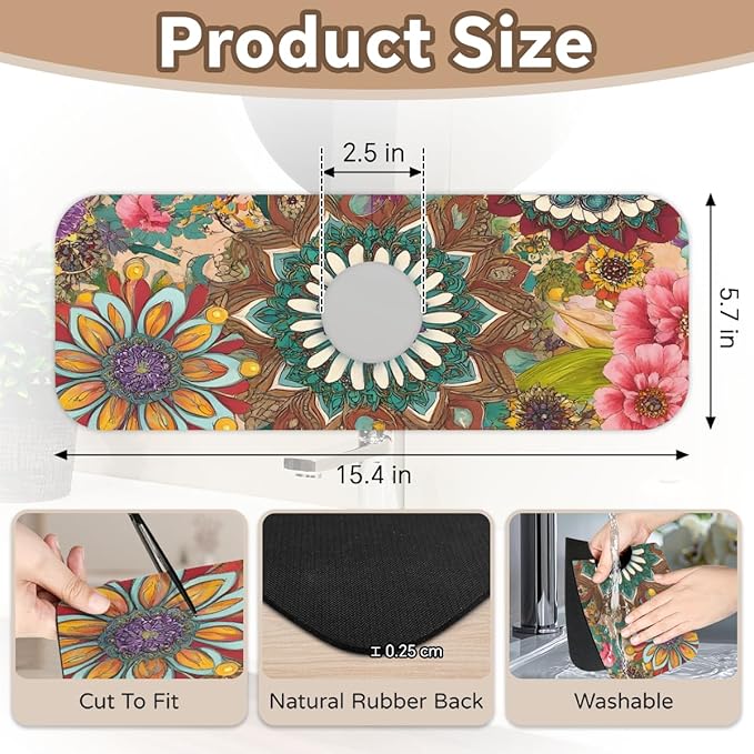 Bohemian Floral Sink Faucet Mat, Vintage Kitchen Faucet Absorbing Mat, Diatomaceous Earth Sink Splash Guard for Kitchen & Bathroom, Exotic Home Decor Accessory, 15.4"x5.7"
