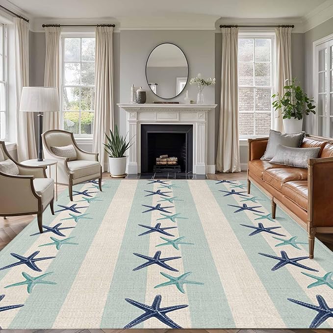 Area Rug 8x10ft, Summer Ocean Blue Teal Starfish Washable Rugs for Living Room Bedroom, Sea Star on Farmhouse Linen Soft Non-Slip Area Rugs Rectangle Floor Carpet for Dining Room