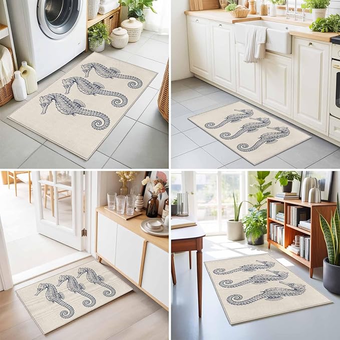 Area Rug 2x3ft, Marine Life Seahorse on Burlap Washable Rugs for Living Room Bedroom, Farmhouse Ocean Theme Soft Non-Slip Area Rugs Rectangle Floor Carpet for Dining Room