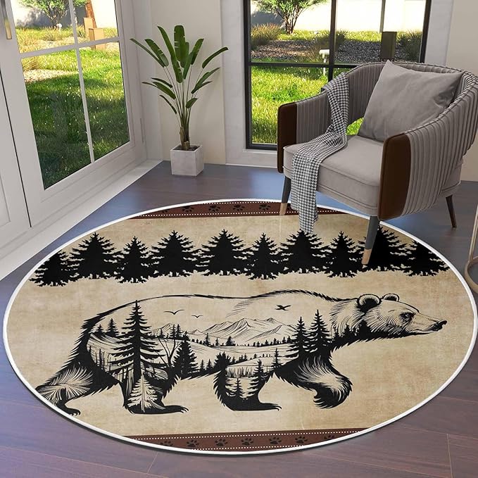 Round Area Rug,Bear Forest Mountains Animal Silhouette Circle Living Room Rug Non-Slip Rugs Indoor Carpet,Vintage Brown Gradient Soft Comfort Rugs for Bedroom KidsRoom Nursery