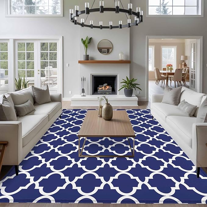 Area Rug 6x9ft, Navy Blue Moroccan Plaid Washable Rugs for Living Room Bedroom, White Line Buffalo Lattice Soft Non-Slip Area Rugs Rectangle Floor Carpet for Dining Room