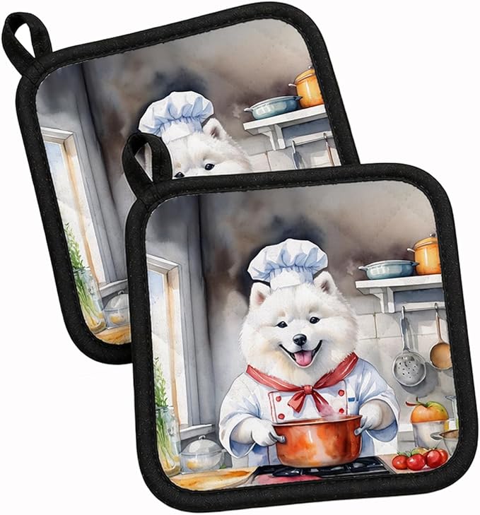 Caroline's Treasures Samoyed The Chef Pair of Pot Holders Kitchen Heat Resistant Pot Holders Sets Oven Hot Pads for Cooking Baking BBQ, 7 1/2 x 7 1/2