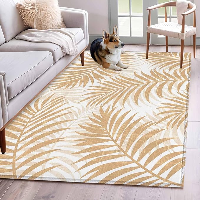 Area Rug 4x6ft, Summer Boho Palms Leaves Washable Rugs for Living Room Bedroom, Vintage Tropical Plants Soft Non-Slip Area Rugs Rectangle Floor Carpet for Dining Room