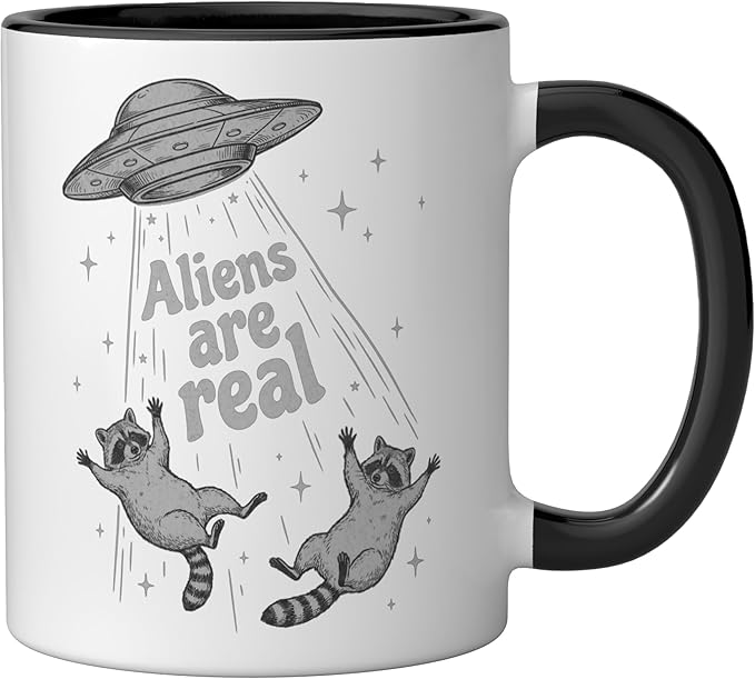Aliens Are Real UFO Raccoon Abduction Ironic Meme Ceramic Mug, Black/White