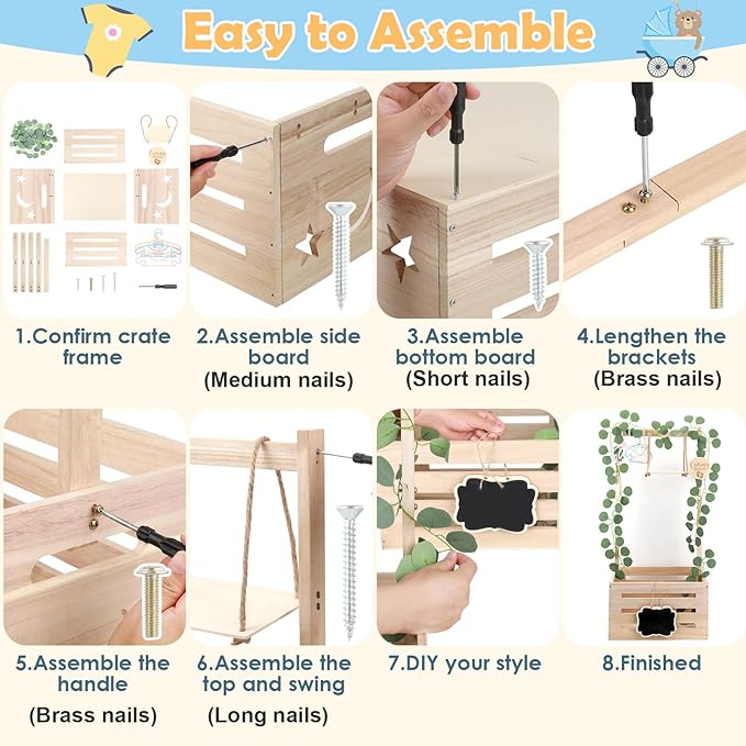 Wooden Baby Shower Crate Closet with Adjustable Handle & Garland, Large Personalized Baby Shower Basket Clothes Hangers Rack Storage Box, Pregnancy Gifts for New Parents Newborn Boy Girl