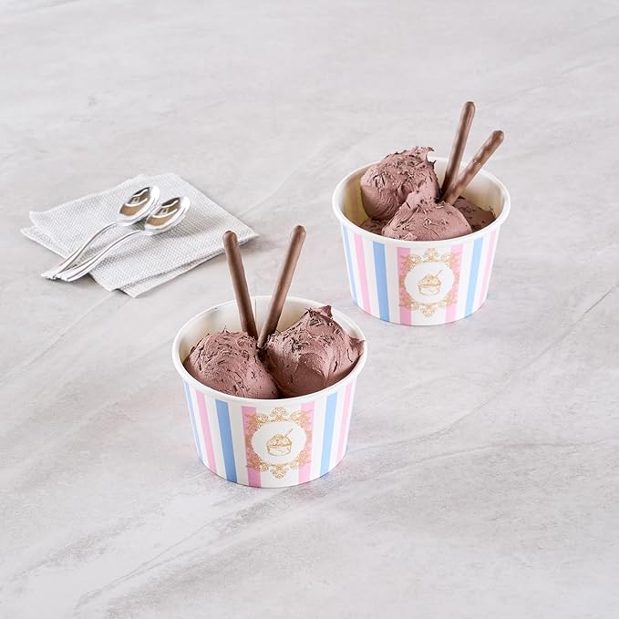 Coppetta 8 Ounce Dessert Cups, 50 Greaseproof Ice Cream Cups - Lids Sold Separately, For Hot And Cold Foods, Pink And Blue Stripe Paper Yogurt Bowls, Disposable, Sturdy - Restaurantware