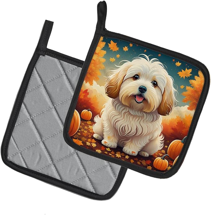 Caroline's Treasures DAC1041PTHD Coton De Tulear Fall Pair of Pot Holders Kitchen Heat Resistant Pot Holders Sets Oven Hot Pads for Cooking Baking BBQ, 7 1/2 x 7 1/2