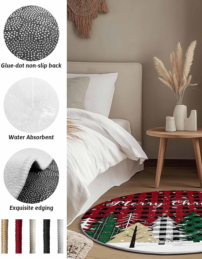 Round Area Rug,Christmas Tree Red Black Buffalo Plaid Circle Living Room Rug Non-Slip Rugs Indoor Carpet,Winter Snowflake Seamless Soft Comfort Rugs for Bedroom KidsRoom Nursery