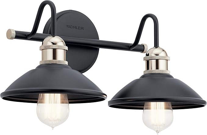 Kichler Clyde 2-Light Bathroom Vanity Light Fixture with Vintage Industrial Design, Black Finish for Bathrooms Over Mirror (7.25" H x 17" W x 8.25" Ext.), 45944BK