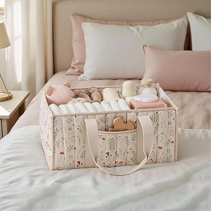 Quilted Fabric Storage Basket Floral Baby Diaper Caddy Quilted Basket for Nursery Bedroom Car Storage (L- Beige 02)