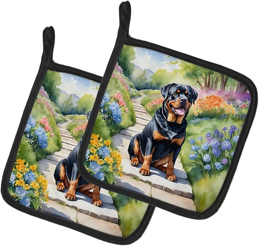 Caroline's Treasures Rottweiler Spring Path Pair of Pot Holders Kitchen Heat Resistant Pot Holders Sets Oven Hot Pads for Cooking Baking BBQ, 7 1/2 x 7 1/2