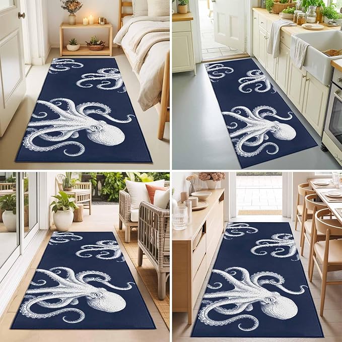 Runner Rug for Bedroom Hallway, Underwater Ocean Giant Octopus Kitchen Runner Rugs Area Rug 2x6ft, Navy Blue White Marine Life Washable Soft Floor Carpet for Entryway Stair