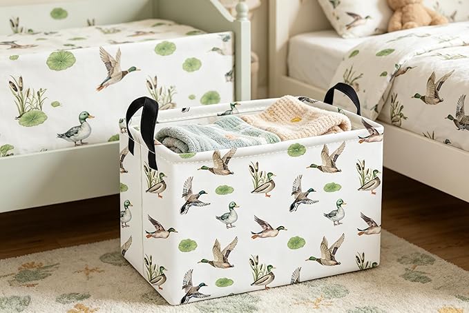 Essme Rectangular Kids Baskets,Duck Storage Box,Cute Basket for Kids with Handles for Room Decor, Book Bins,Shelf Basket.（Green Duck