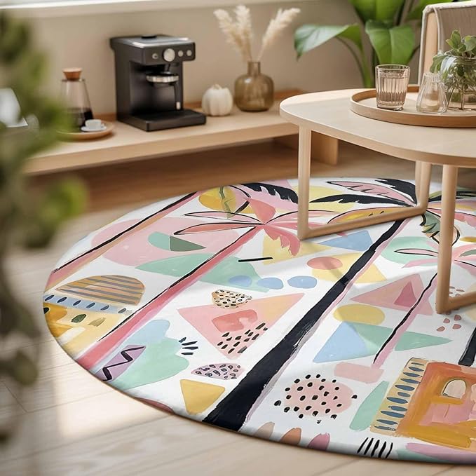 Washable Round Area Rug Boho Summer Artistic Palm Trees Circle Rugs Floor Carpet for Living Room Bedroom, Abstract Buildings Soft Non Slip Round Rug 3ft