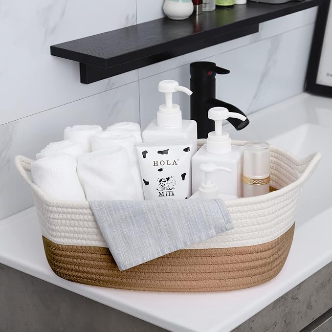ABenkle Small Storage Basket with Handles, Cotton Rope Woven Dog Cat Toy Bin, Decorative Shelves Closet Organizing for Nursery Laundry Bedroom Bathroom, 14.2''x 11''x 5.1''