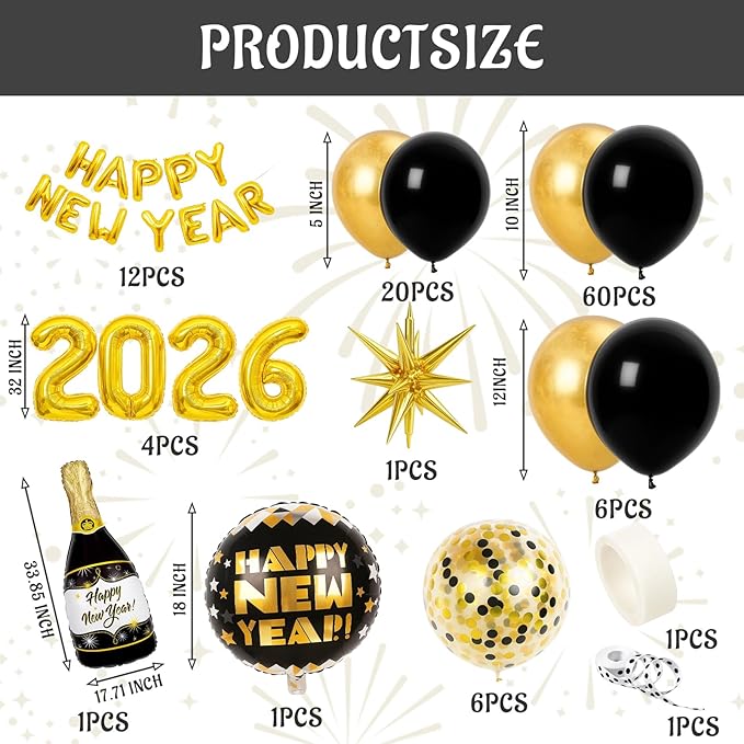 107 pcs 2026 New Years Decorations, New Years Eve Party Supplies 2026, Happy New Year 2026 Balloons Set for Festive Celebrations, Home and Office Decoration
