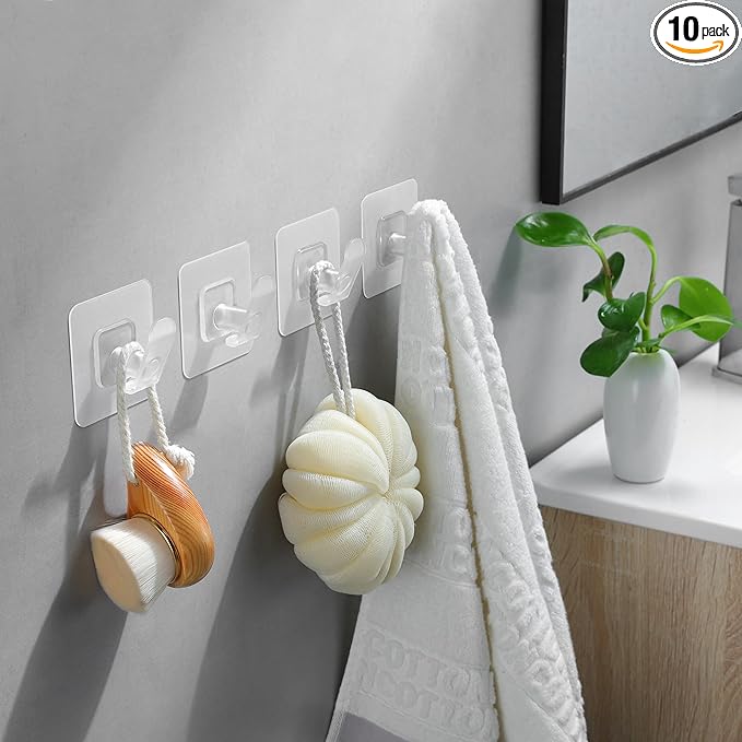 DELITON 10 Pack Adhesive Towel Hooks, Coat Hooks Stick on Wall Hanging Robes Clothes Towels for Bathroom Kitchen, Clear