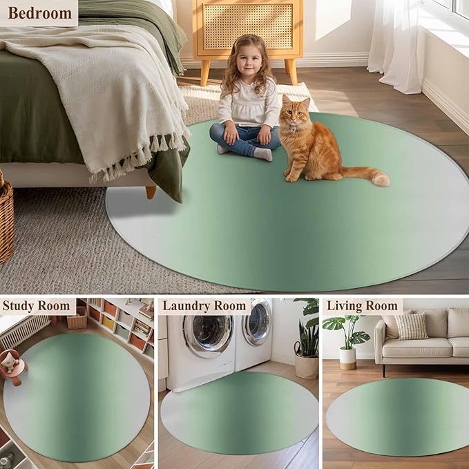 Washable Round Area Rug Rat Tail Green Gray Gradual Circle Rugs Floor Carpet for Living Room Bedroom, Abstract Art Soft Non Slip Round Rug 5ft