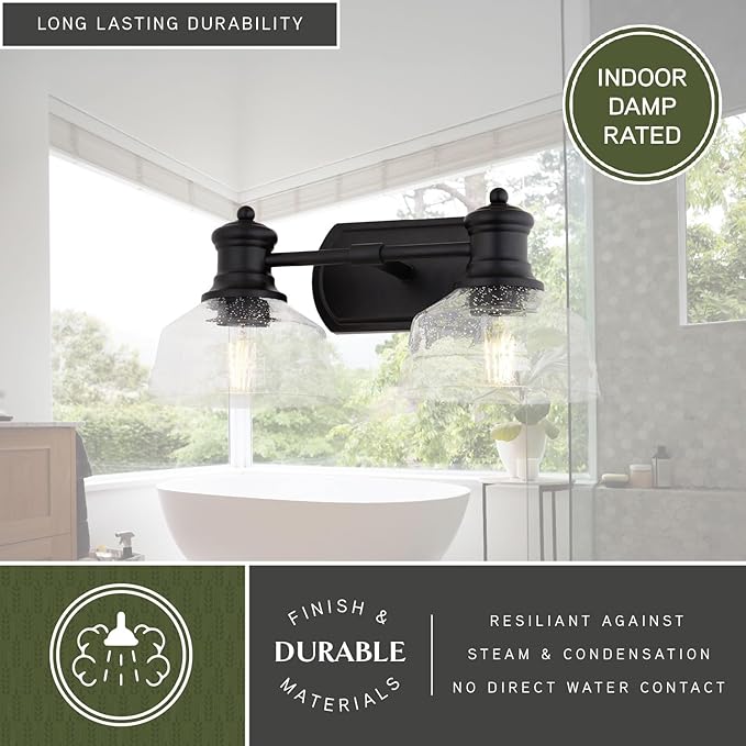 VAXCEL Beloit 2-Light 17 inch Wide Matte Black Farmhouse Bathroom Vanity Lighting Fixture, Clear Seeded Glass Shade, Dimmable, LED Compatible, Over The Mirror Mounted Metal Wall Sconce