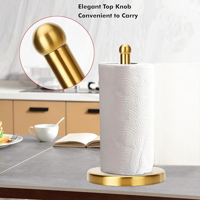 Paper Towel Holder Countertop, Brushed Gold Paper Towel Holder Stand Papertowel Holder with Stable Weighted Base, Free Standing Paper Towel Roll Holder for Kitchen Bathroom