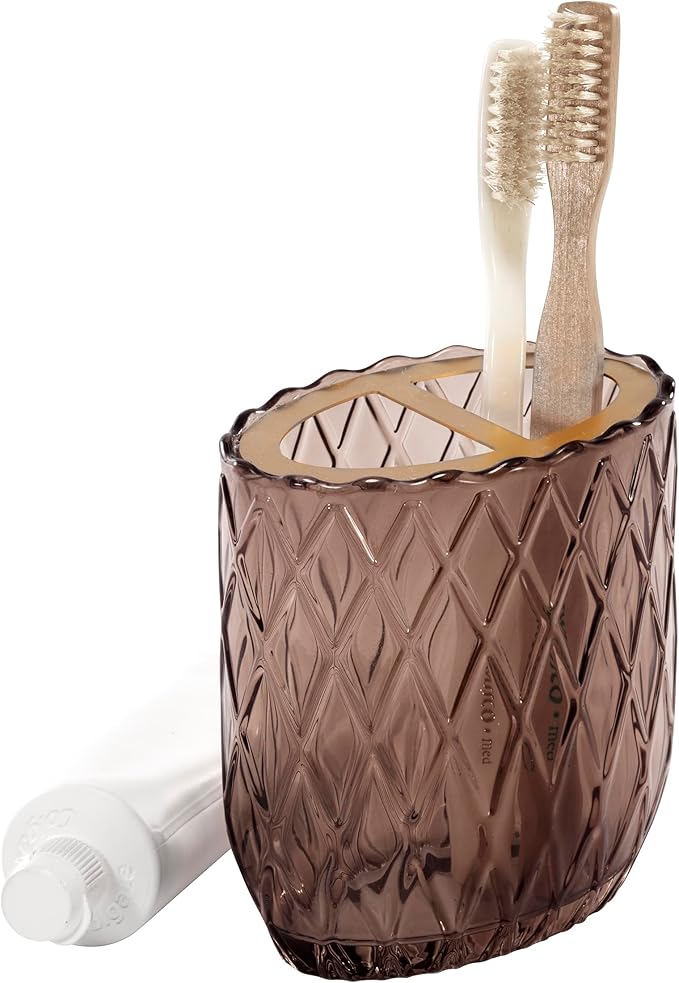 Nicole Miller – Toothbrush Holder, Embossed Glass with Scalloped Edge and Gold-Tone Divider, Trellis Home Decor – Perfect for Organizing Bathroom Essentials (Bijou Brown)