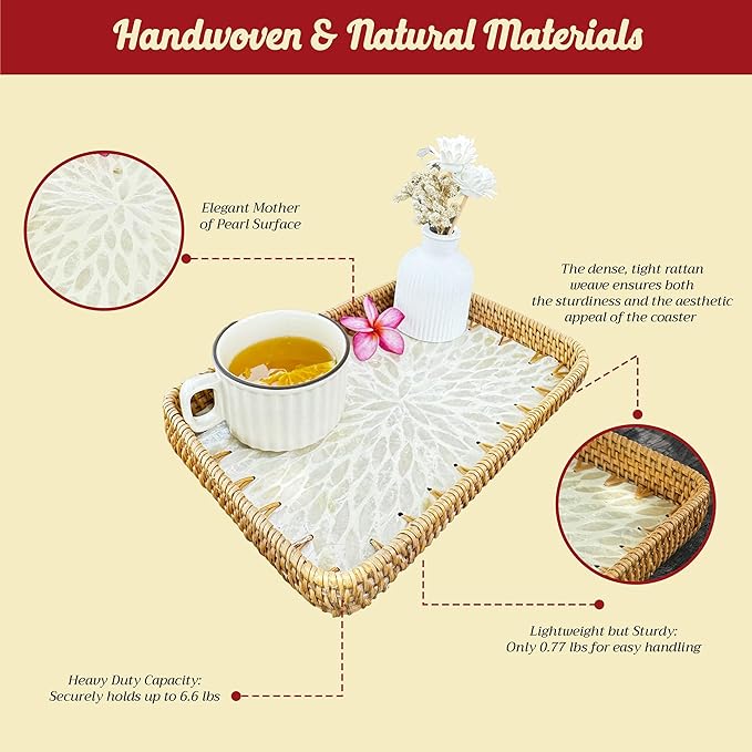 Rattan Rectangle Tray with Mother of Pearl Inlay – Unique Decorative Rattan Serving Tray for Coffee Table, Bathroom Vanity, Perfume & Nightstand – Ideals for Housewarming (White 11.8")