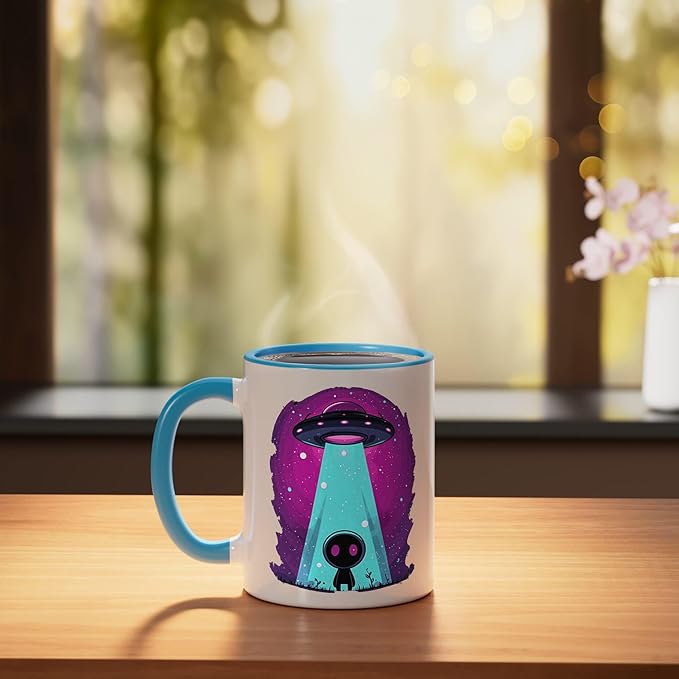 Cute Alien Abduction UFO Retro Space Sci Fi Kawaii Ceramic Mug, Blue/White