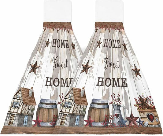 Alandar Home Kitchen Tie Towel Set of 2, Farm Cabin Retro Country Star Absorbent Soft Hand Towels for Bathroom Hanging Towels, Barrel Berry on Wood Grain Fast Drying Cleaning Cloth with Loop