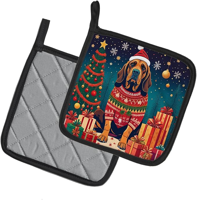 Caroline's Treasures Bloodhound Christmas Pair of Pot Holders Kitchen Heat Resistant Pot Holders Sets Oven Hot Pads for Cooking Baking BBQ, 7 1/2 x 7 1/2