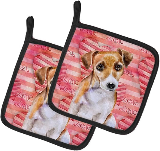 Caroline's Treasures BB9800PTHD Jack Russell Terrier #2 Love Pair of Pot Holders, Red Kitchen Heat Resistant Pot Holders Sets Oven Hot Pads for Cooking Baking BBQ, 7 1/2 x 7 1/2
